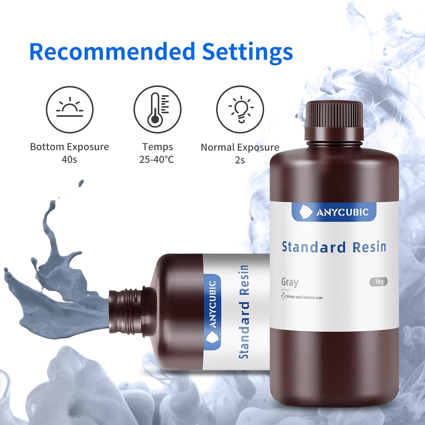 Anycubic 3D Printer Standard Grey Resin - 1KG Bottle - High Precision & Low Shrinkage