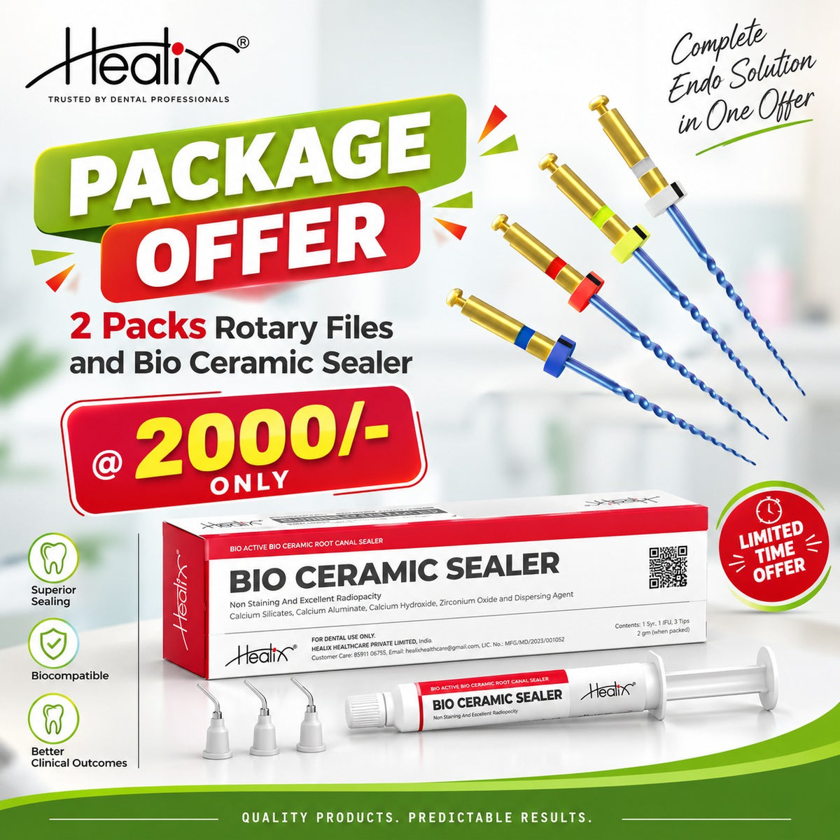 Healix Complete Endo Combo – Rotary Files + Bio Ceramic Sealer-2 Packs Rotary Files + 1 Bio Ceramic Sealer